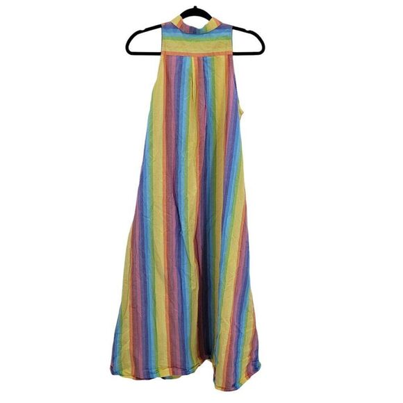 M.D.S. Stripes Shirtdress Dress Rainbow Pinafore Collar A-line Midi Pockets Sz 2 - Picture 10 of 13